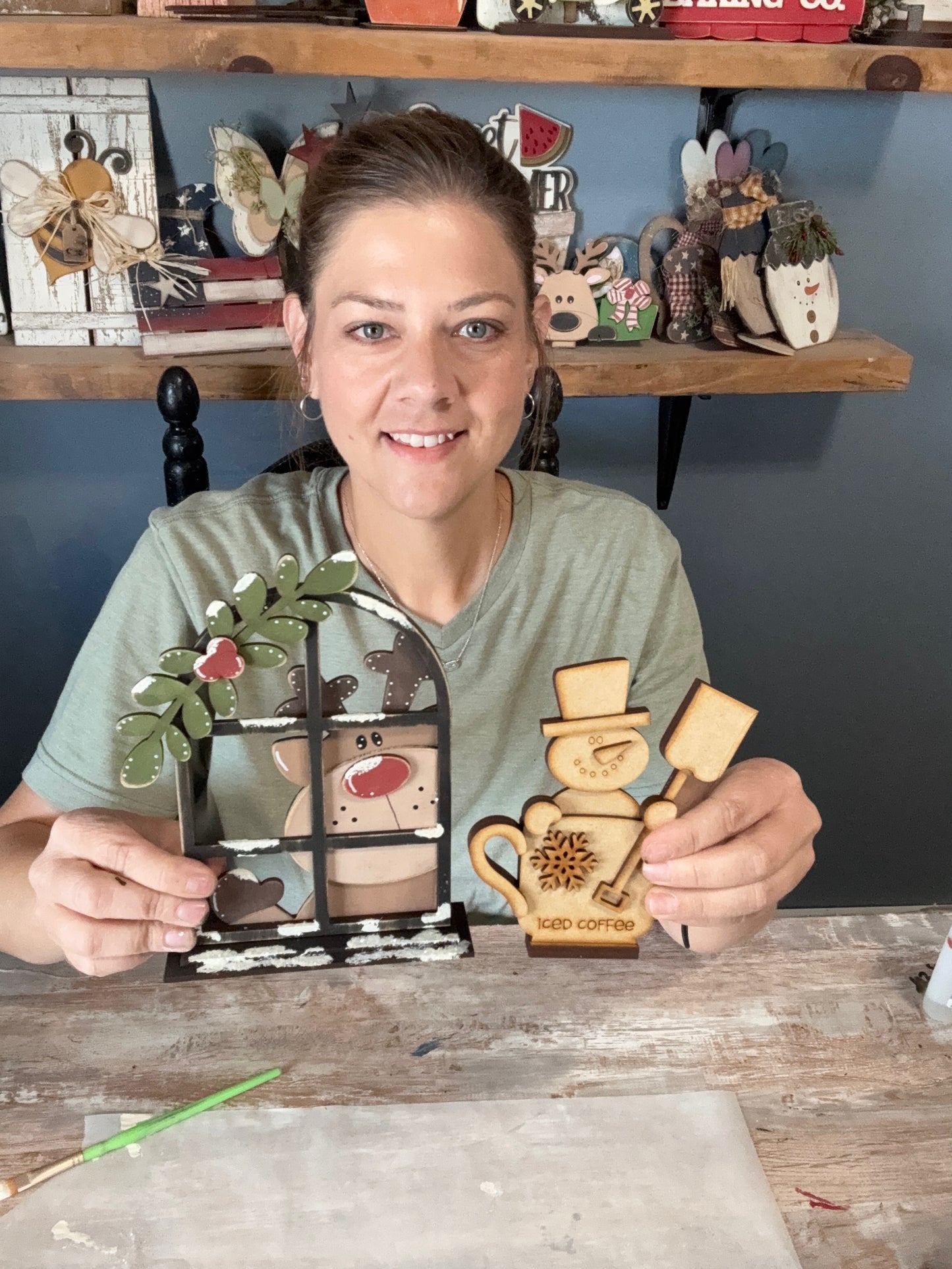 (Item#100) Bundle - “Iced Coffee” Little Snowman in Mug + Reindeer Looking in Window - DIY Craft Kit