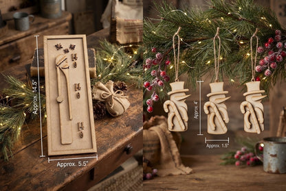 (Item#129) Bundle - Primitive “Ho Ho Ho” Santa in Frame Leaner DIY Craft Kit + Snowman Holding Candy Cane (Set of 3) DIY Ornaments