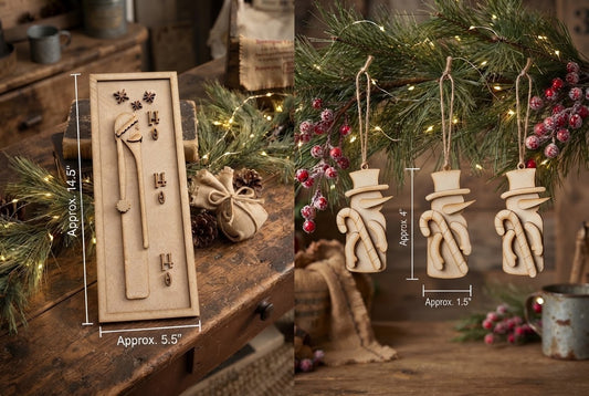 (Item#129) Bundle - Primitive “Ho Ho Ho” Santa in Frame Leaner DIY Craft Kit + Snowman Holding Candy Cane (Set of 3) DIY Ornaments